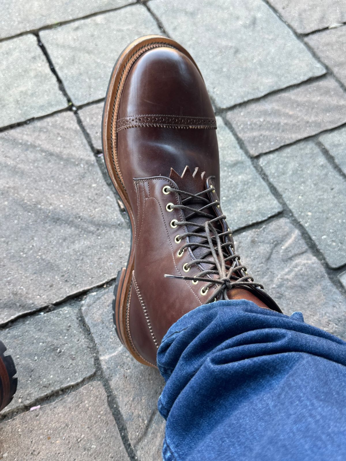 Photo by BamaBoyinTx on December 3, 2024 of the Viberg Shelby Sharp Brogue Boot in Toscanello Vachetta Lucida Horsebutt Leather.