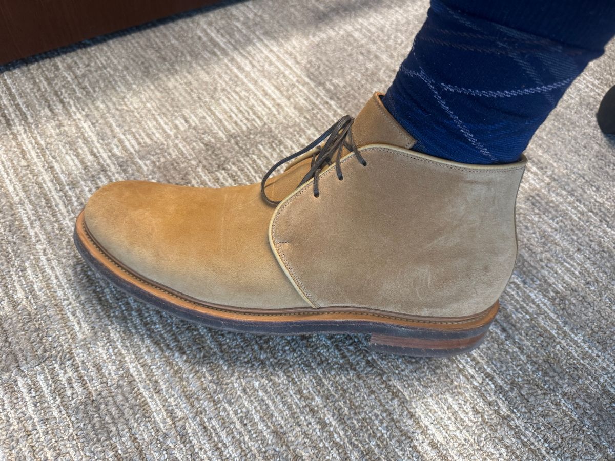 Photo by BamaBoyinTx on April 22, 2025 of the Viberg Upland in Viberg / C.F. Stead Light Mojave Janus Calf Suede.