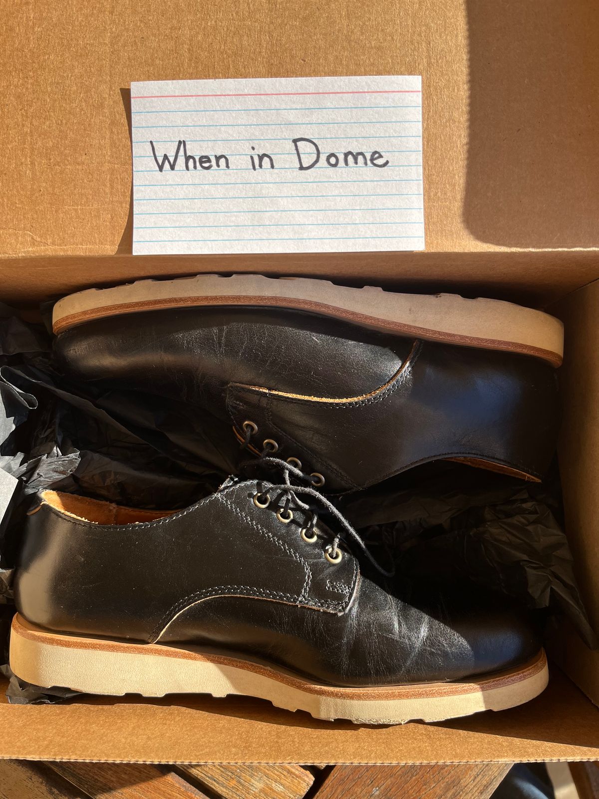 Photo by ewolarsky on November 2, 2024 of the Rancourt & Co. Dirigo Derby in Horween Black Chromexcel.