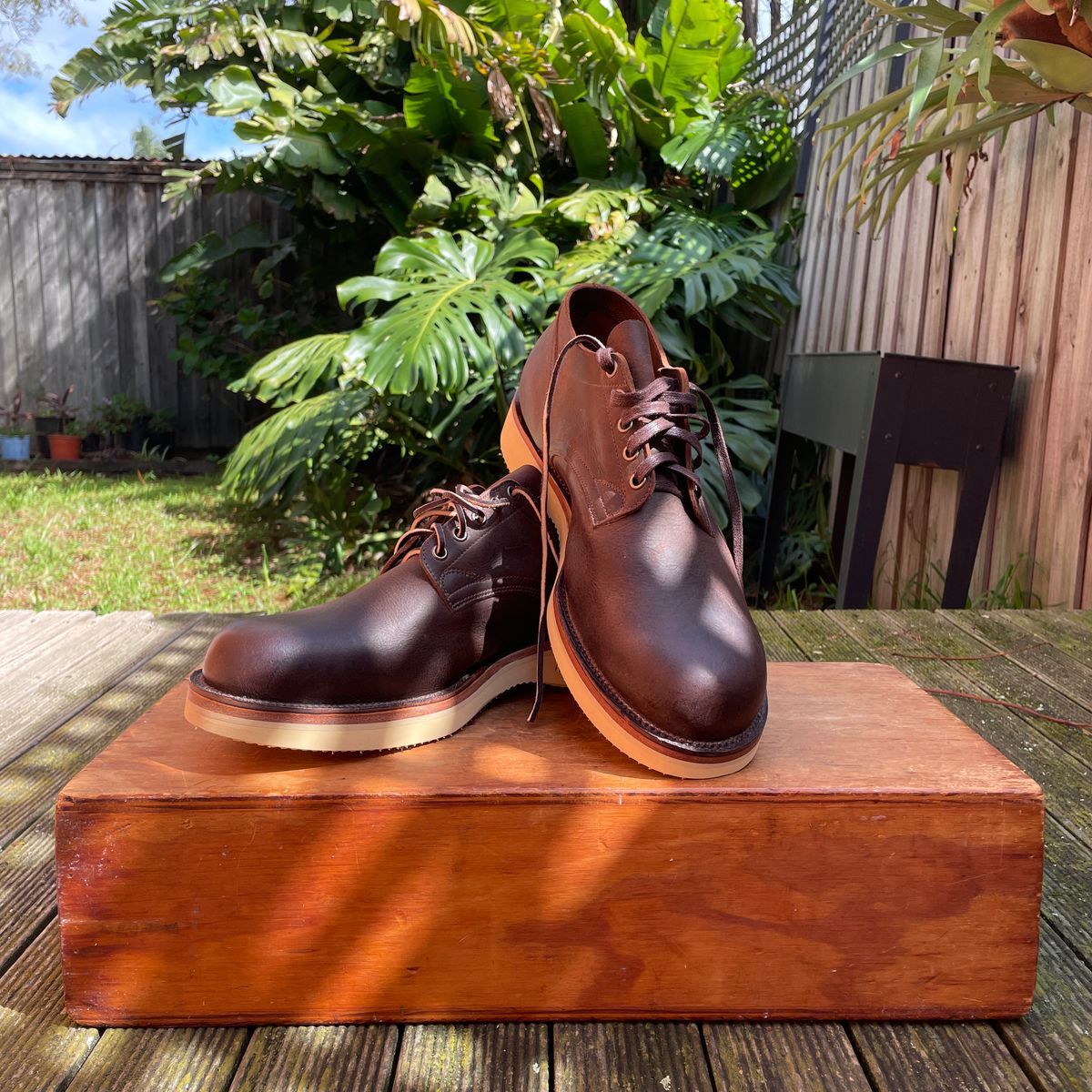 Photo by roycehamptontho on September 30, 2024 of the Viberg 145 Oxford in C.F. Stead Zulu Waxed Kudu.