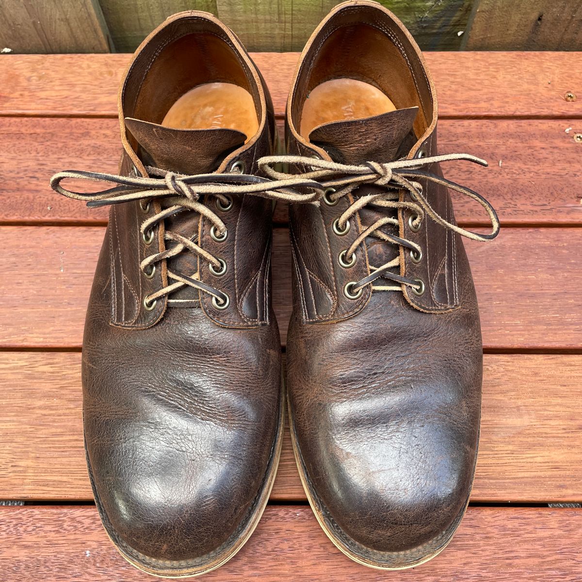 Photo by roycehamptontho on February 3, 2025 of the Viberg 145 Oxford in C.F. Stead Zulu Waxed Kudu.