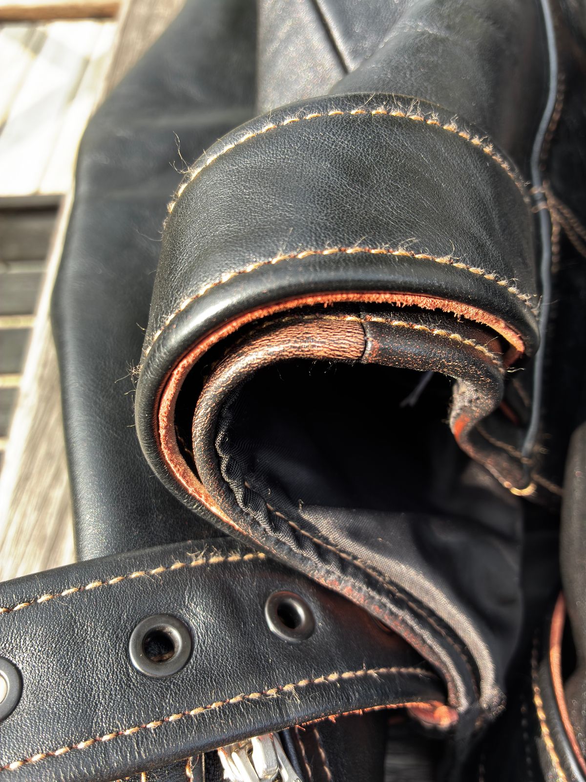 Photo by NCF on August 9, 2025 of the Simons (Shanghai) Leather togs in Polish Teacore Horsehide.