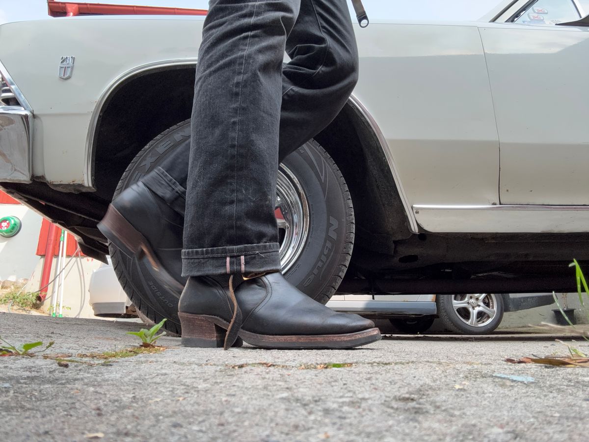 Photo by NCF on August 9, 2025 of the Bright Shoemakers Vulture in Horween Black Teacore Chromexcel.