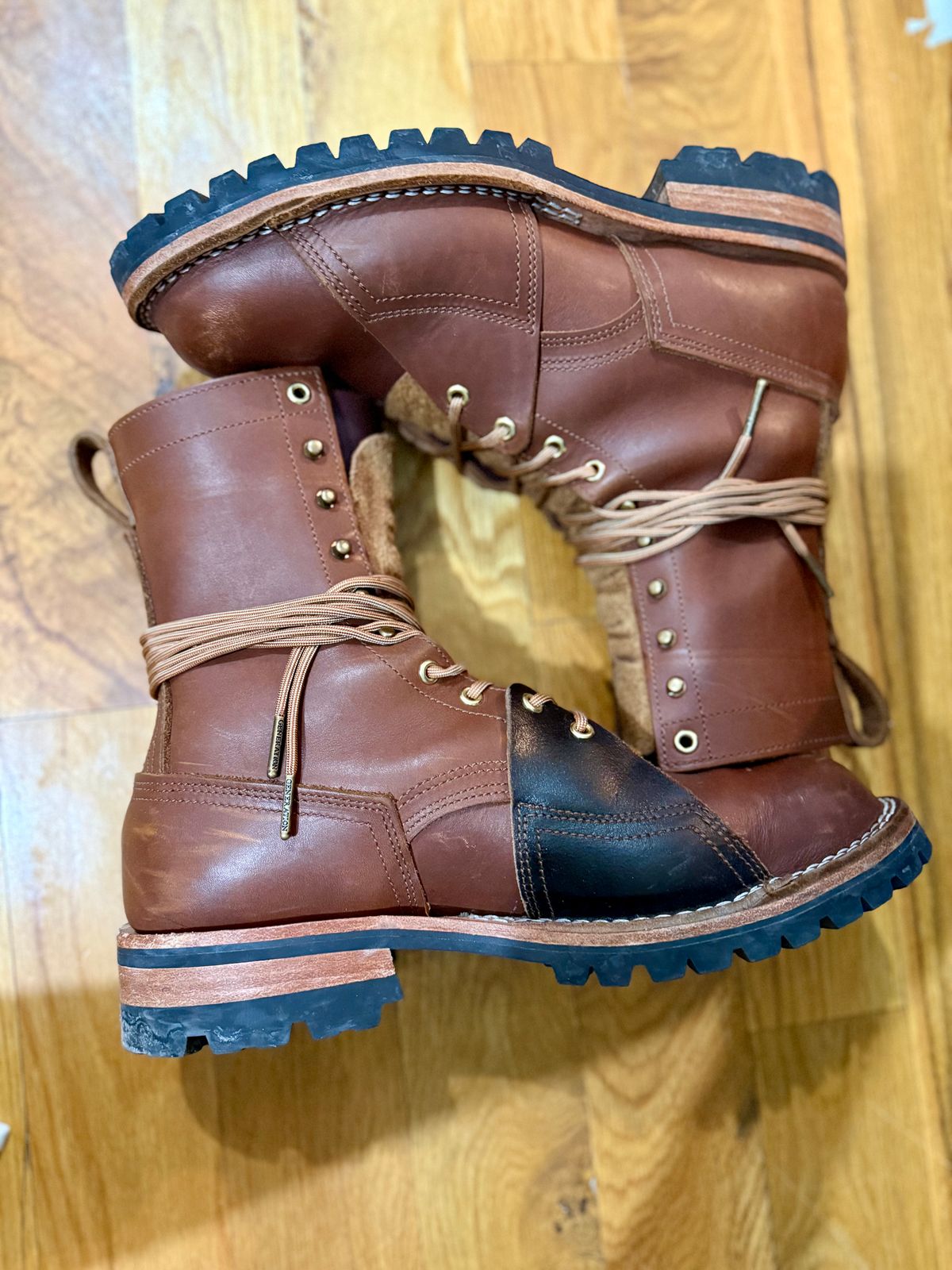 Photo by PublicVanilla7328 on February 6, 2026 of the Nicks Handmade Boots Nicks X Rose Anvil ND2 in 1964 Brown/Brown Waxed Flesh.