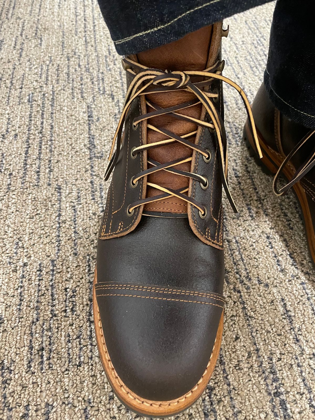 Photo by MRB on March 6, 2024 of the Truman Cap Toe Boot in Horween Java Waxed Flesh.