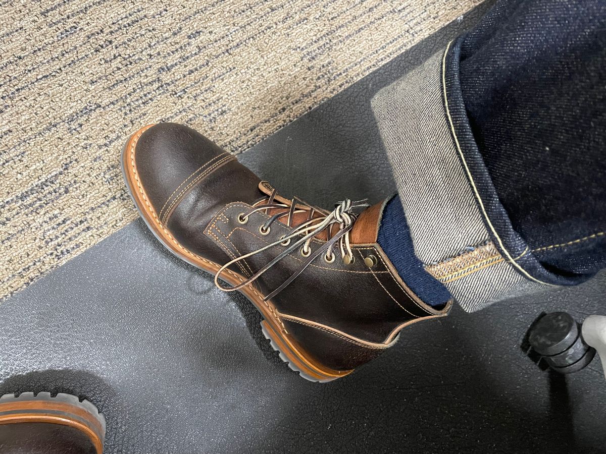 Photo by MRB on May 10, 2024 of the Truman Cap Toe Boot in Horween Java Waxed Flesh.