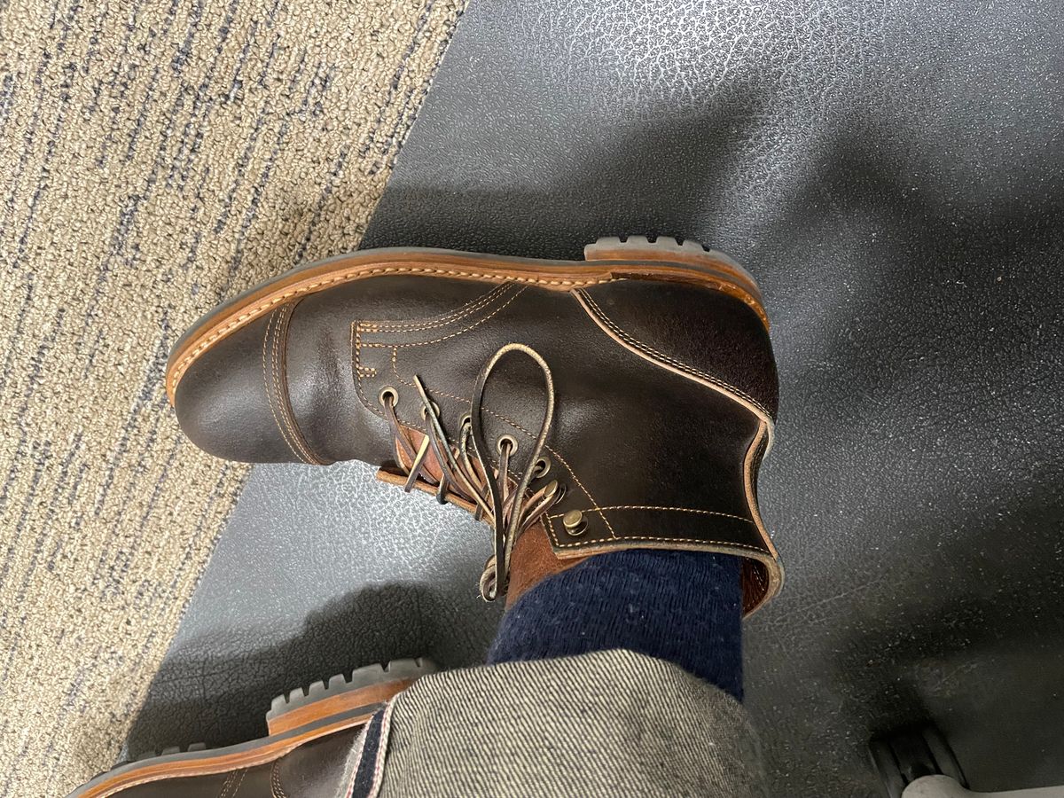 Photo by MRB on May 10, 2024 of the Truman Cap Toe Boot in Horween Java Waxed Flesh.