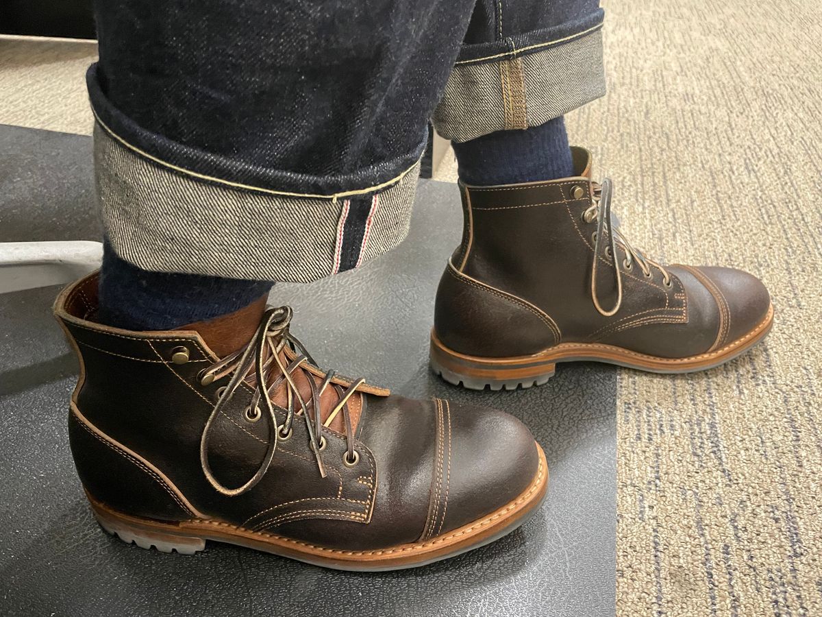 Photo by MRB on May 10, 2024 of the Truman Cap Toe Boot in Horween Java Waxed Flesh.