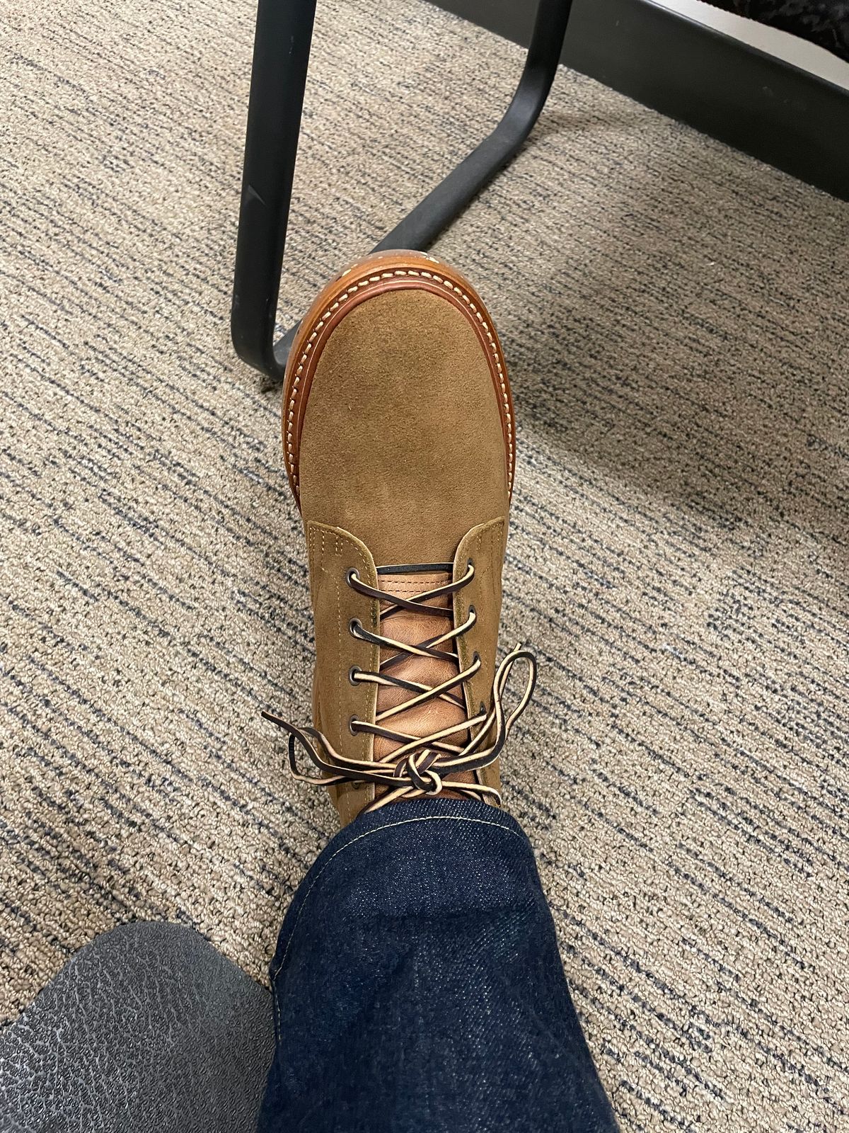 Photo by MRB on June 7, 2024 of the Truman Plain Toe Boot in Dark Coyote Roughout.