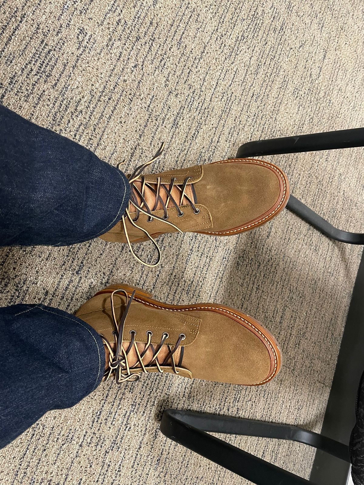 Photo by MRB on June 7, 2024 of the Truman Plain Toe Boot in Dark Coyote Roughout.