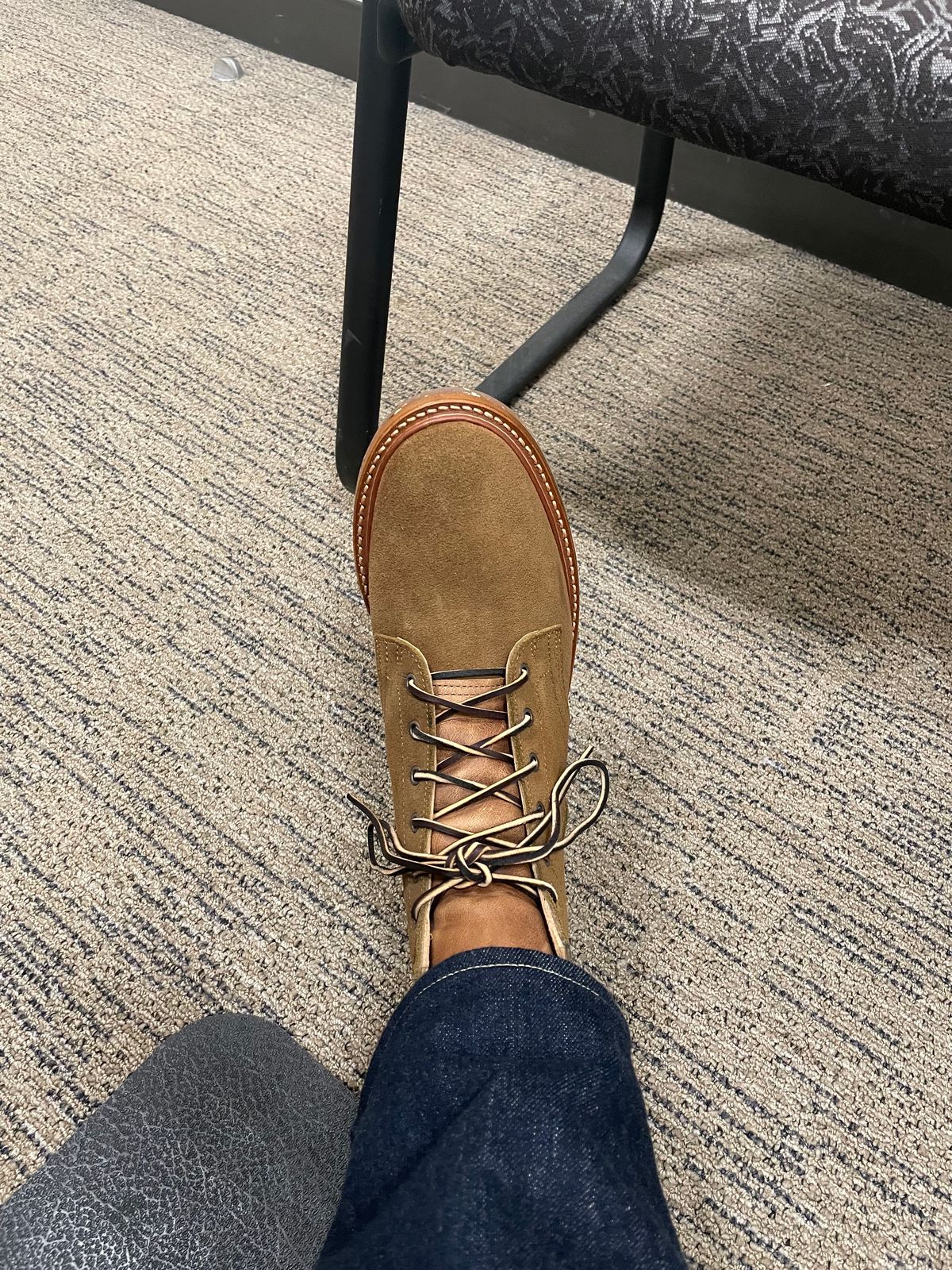 Photo by MRB on June 7, 2024 of the Truman Plain Toe Boot in Dark Coyote Roughout.