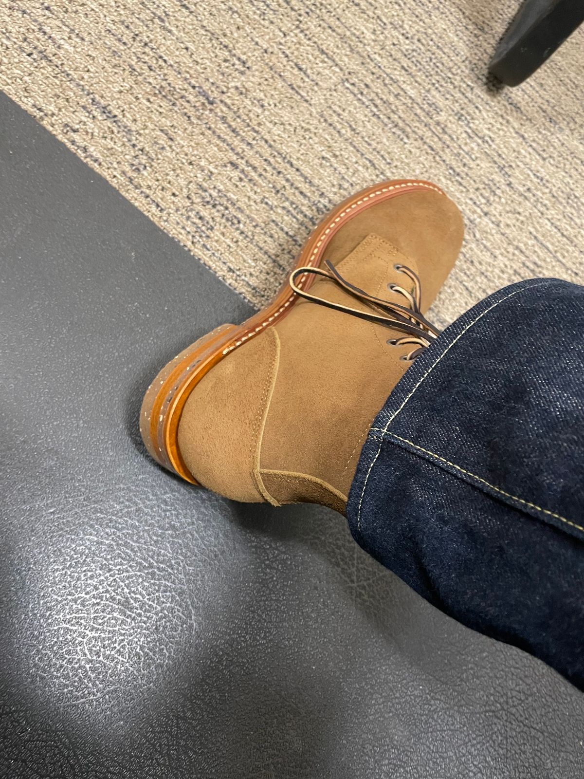 Photo by MRB on June 7, 2024 of the Truman Plain Toe Boot in Dark Coyote Roughout.