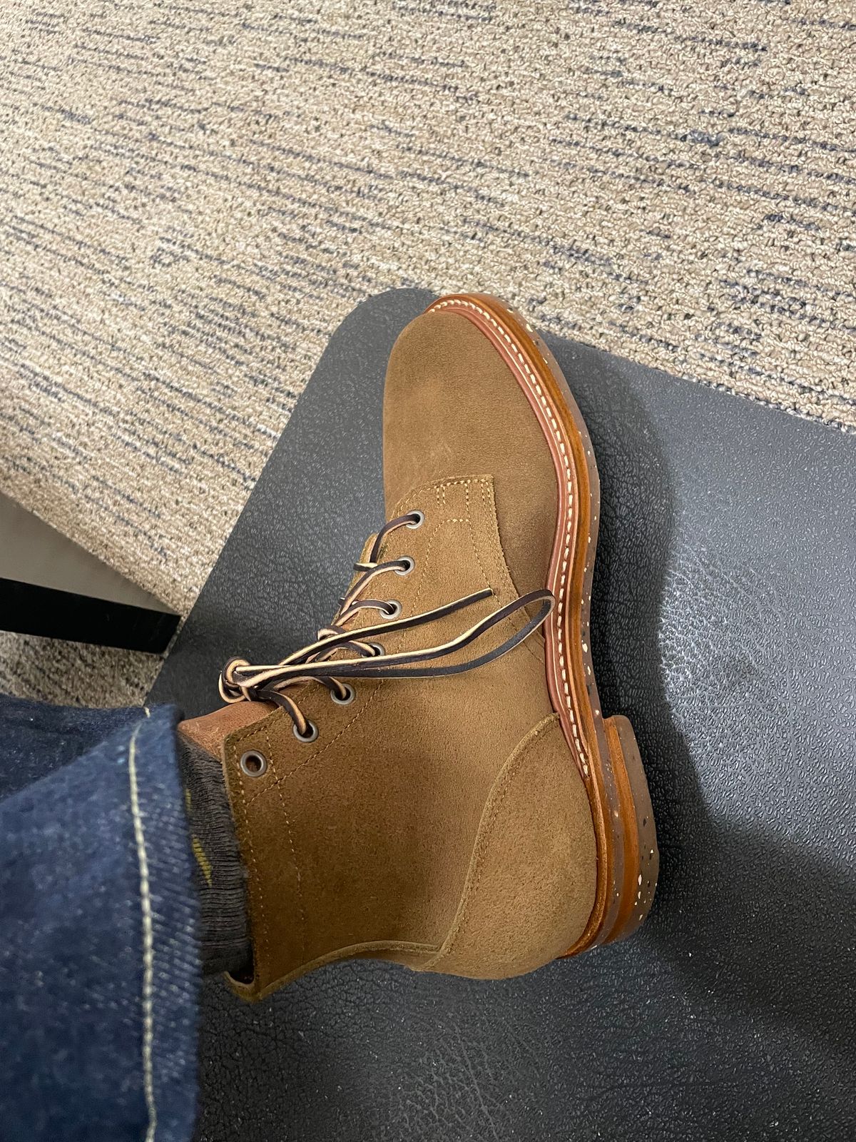 Photo by MRB on June 7, 2024 of the Truman Plain Toe Boot in Dark Coyote Roughout.