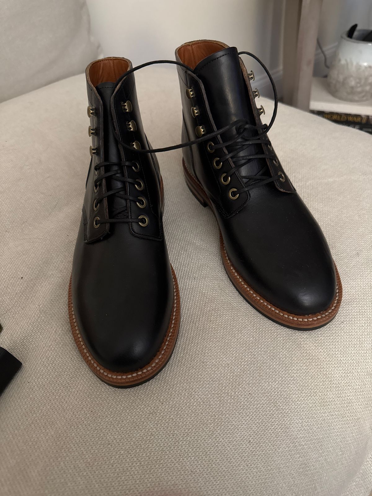 Photo by maggie1128 on October 21, 2024 of the Grant Stone Diesel Boot in Horween Black Nantucket.