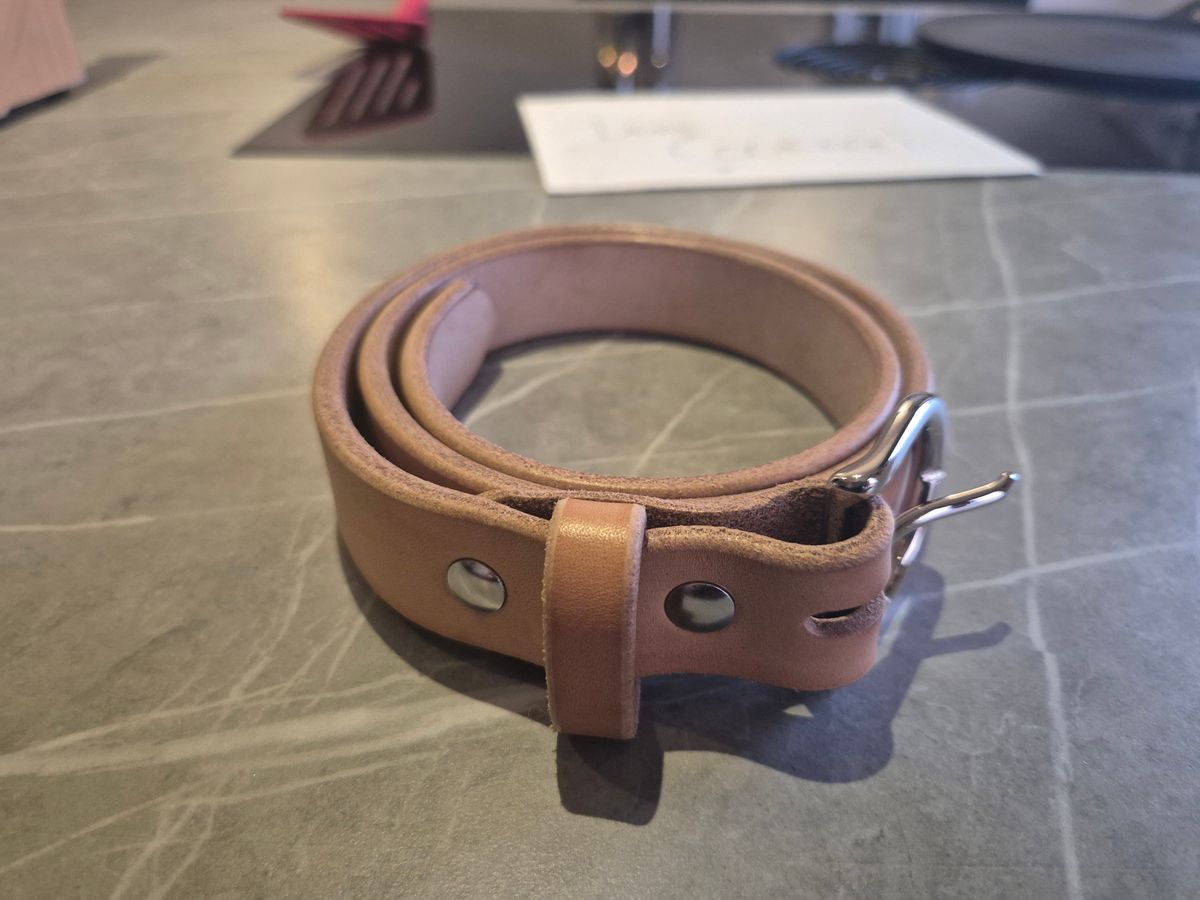 Photo by Slash on November 2, 2025 of the Harker Leatherworks Belt in J&FJ Baker Natural Oak Bark Bridle.