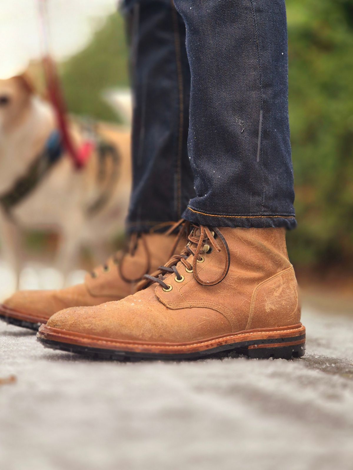 Photo by Slash on January 4, 2026 of the Grant Stone Diesel Boot in C.F. Stead Natural Waxy Commander Suede.