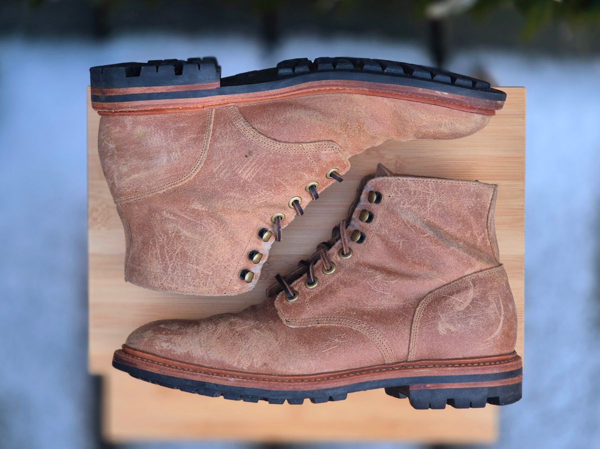 Photo by Slash on January 4, 2026 of the Grant Stone Diesel Boot in C.F. Stead Natural Waxy Commander Suede.