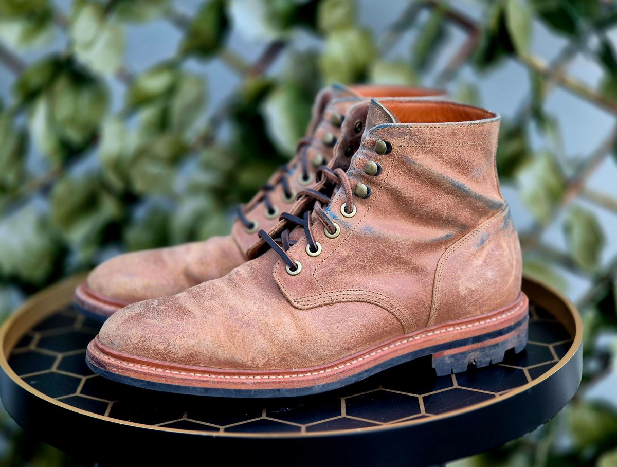 Photo by Slash on March 5, 2026 of the Grant Stone Diesel Boot in C.F. Stead Natural Waxy Commander Suede.