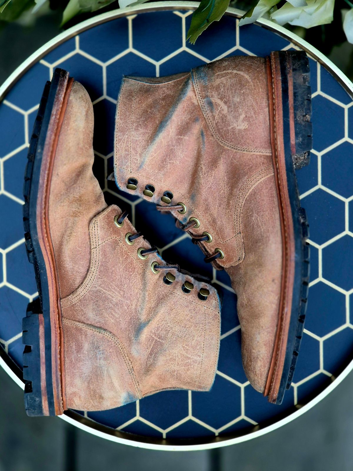 Photo by Slash on March 5, 2026 of the Grant Stone Diesel Boot in C.F. Stead Natural Waxy Commander Suede.