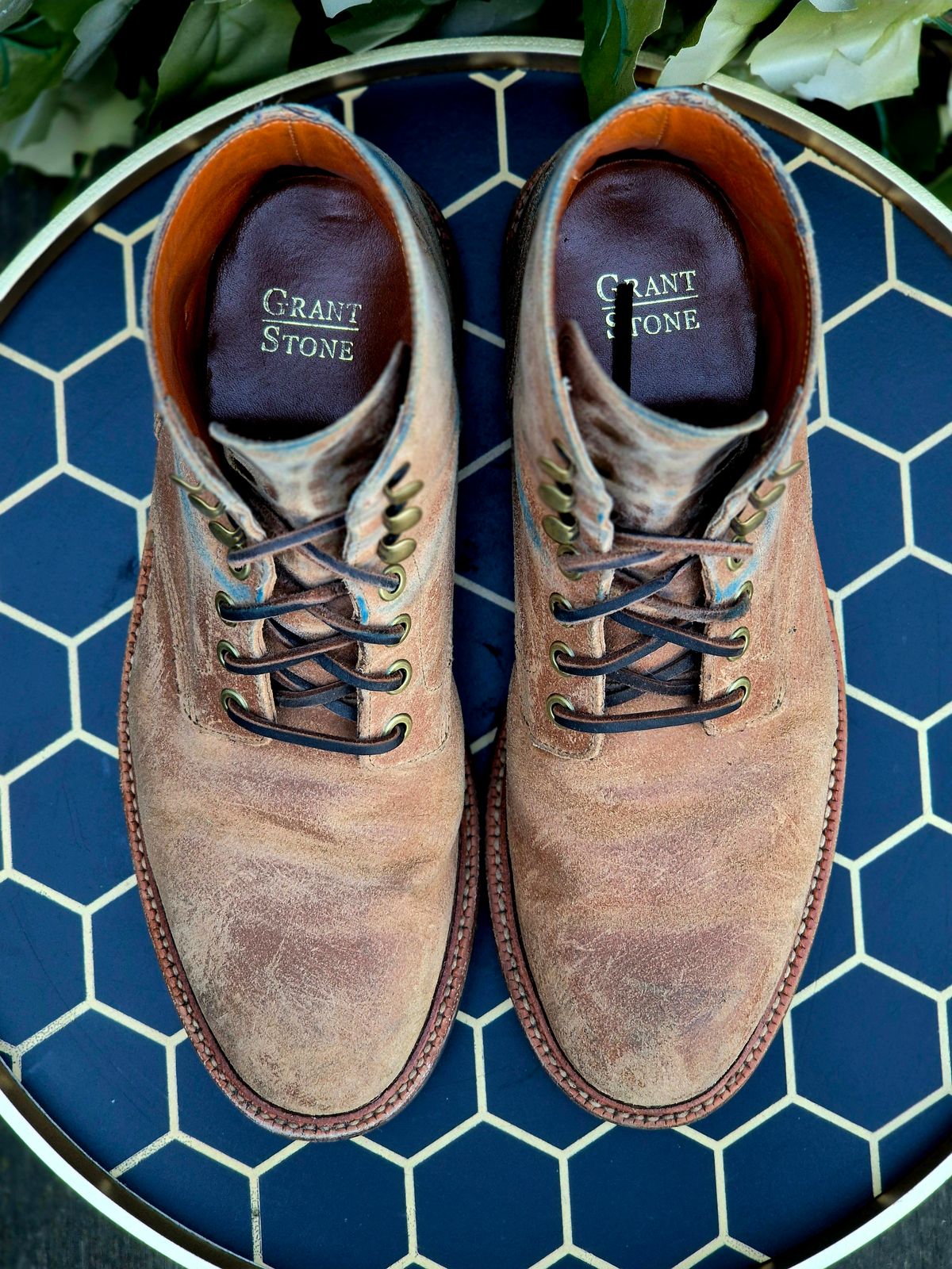 Photo by Slash on March 5, 2026 of the Grant Stone Diesel Boot in C.F. Stead Natural Waxy Commander Suede.