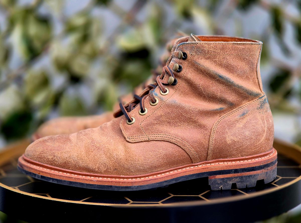 Photo by Slash on April 4, 2026 of the Grant Stone Diesel Boot in C.F. Stead Natural Waxy Commander Suede.