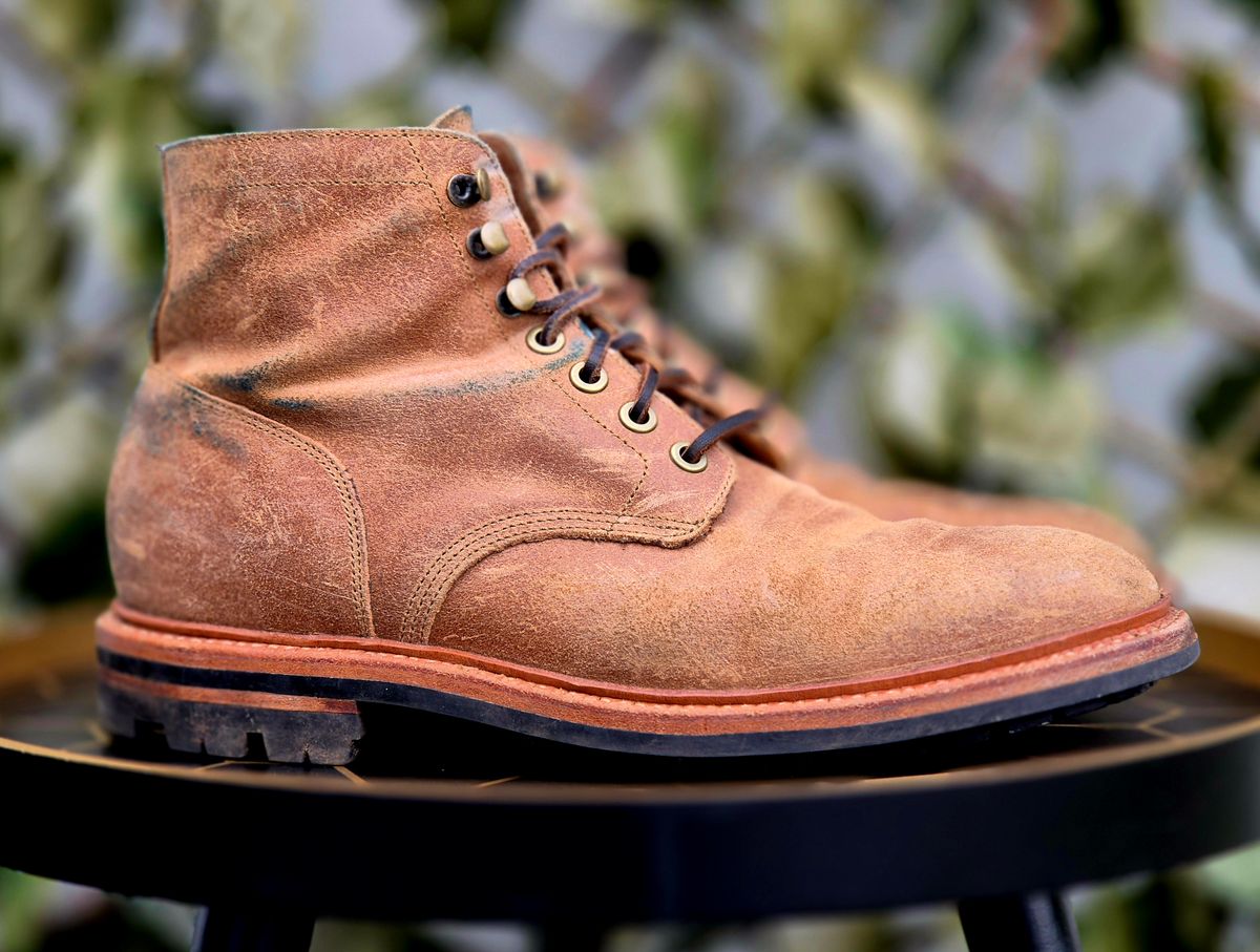Photo by Slash on April 4, 2026 of the Grant Stone Diesel Boot in C.F. Stead Natural Waxy Commander Suede.