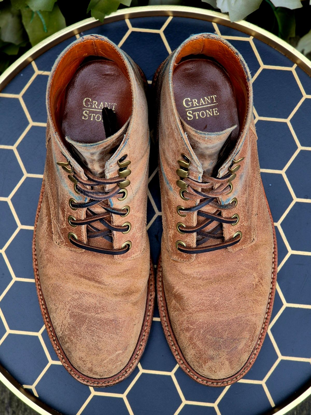 Photo by Slash on April 4, 2026 of the Grant Stone Diesel Boot in C.F. Stead Natural Waxy Commander Suede.