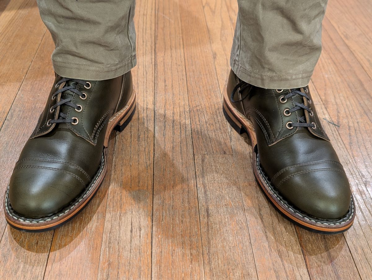 Photo by TheOneRoad on January 30, 2026 of the White's MP-Sherman Toe Cap in Horween Green Pasture Chromexcel.