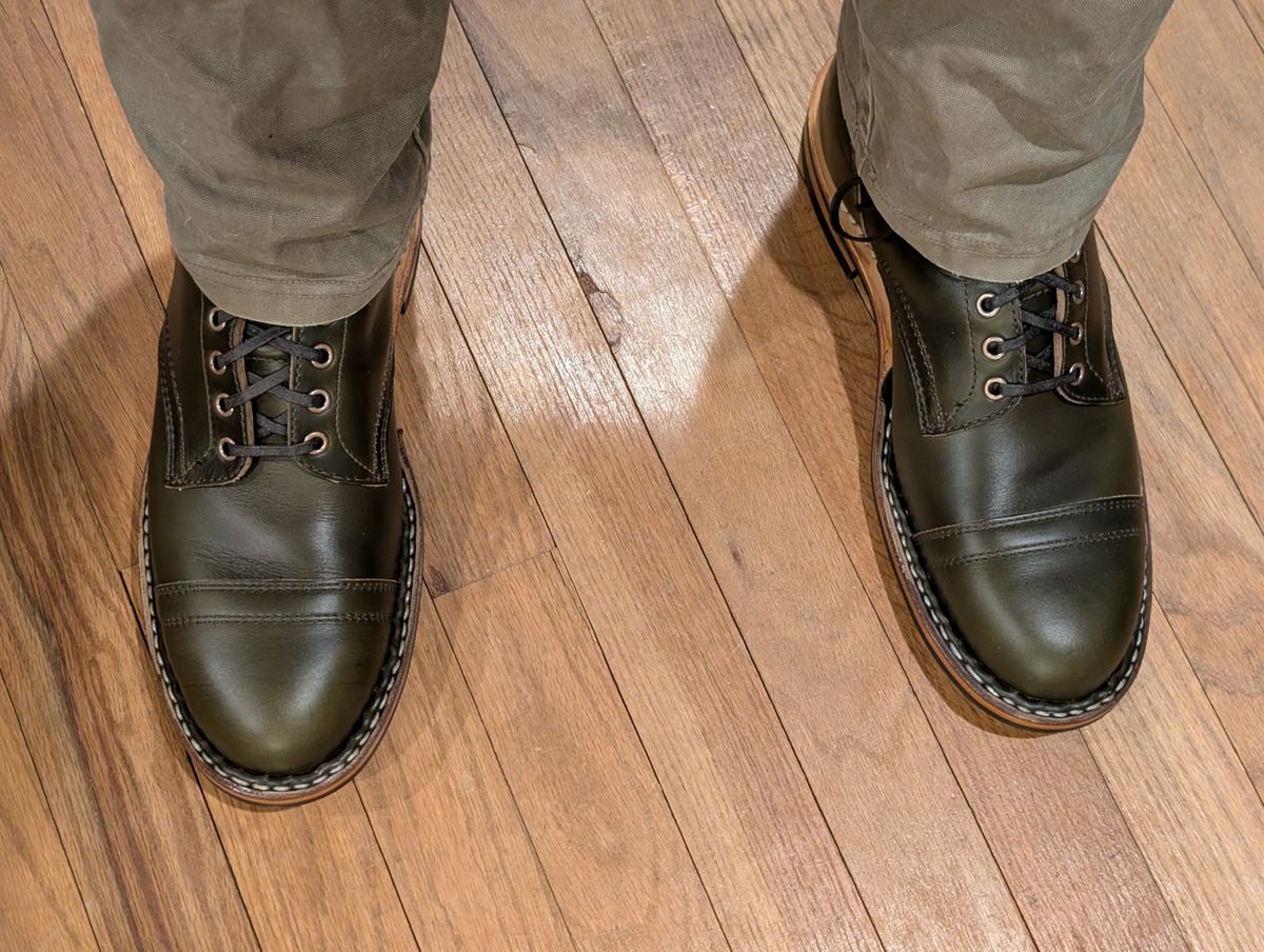 Photo by TheOneRoad on January 30, 2026 of the White's MP-Sherman Toe Cap in Horween Green Pasture Chromexcel.