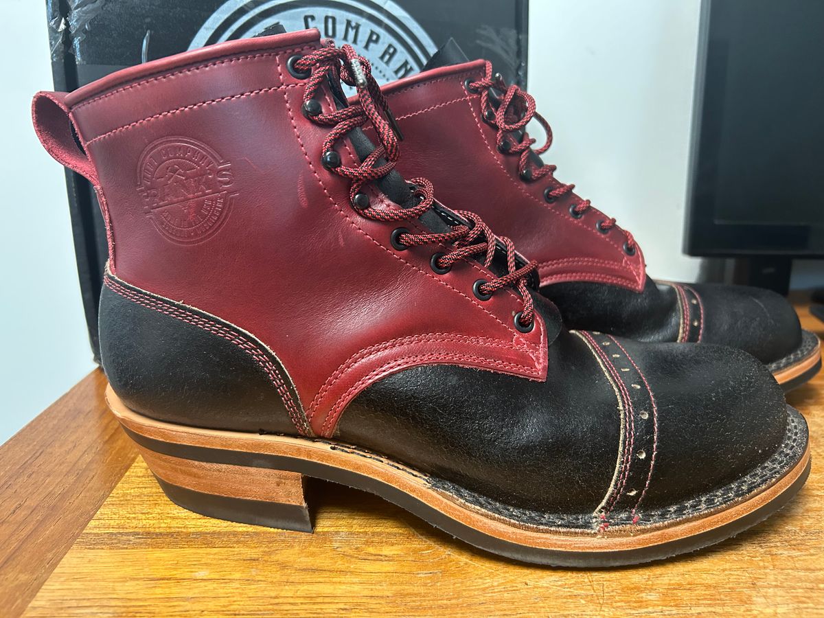 Photo by Ankle333 on June 3, 2025 of the Frank's Boots Wilshire in Cavalier Lolipop & Horween Black Waxed Flesh.