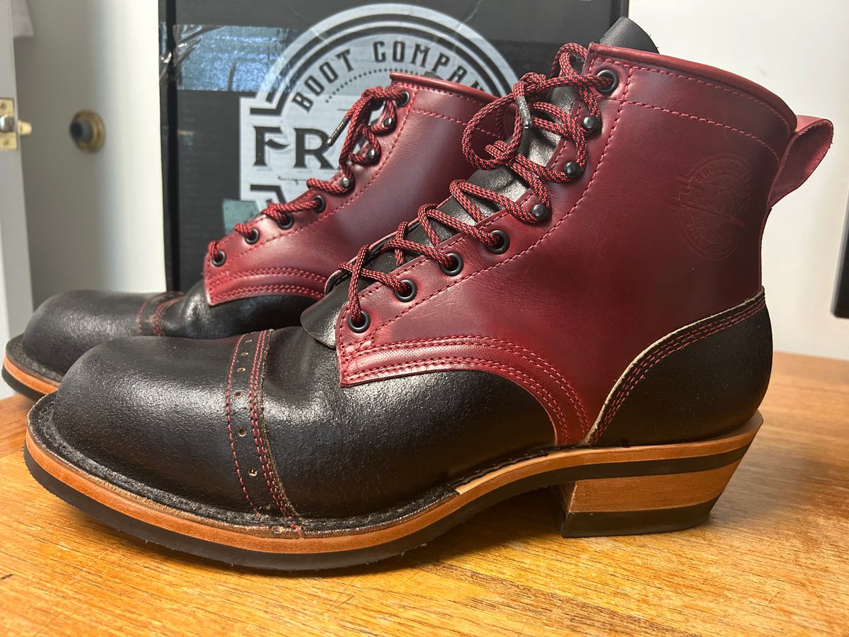 Photo by Ankle333 on June 3, 2025 of the Frank's Boots Wilshire in Cavalier Lolipop & Horween Black Waxed Flesh.