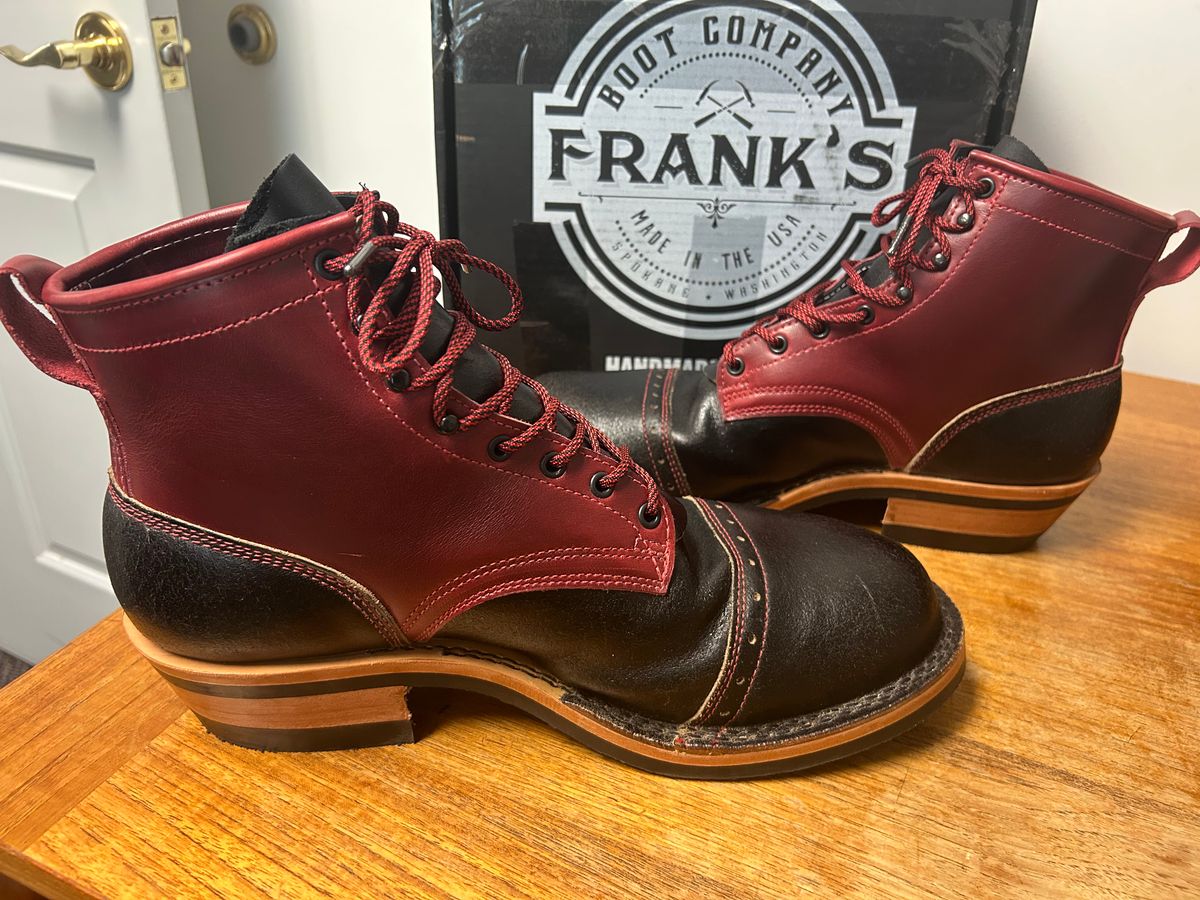 Photo by Ankle333 on June 3, 2025 of the Frank's Boots Wilshire in Cavalier Lolipop & Horween Black Waxed Flesh.
