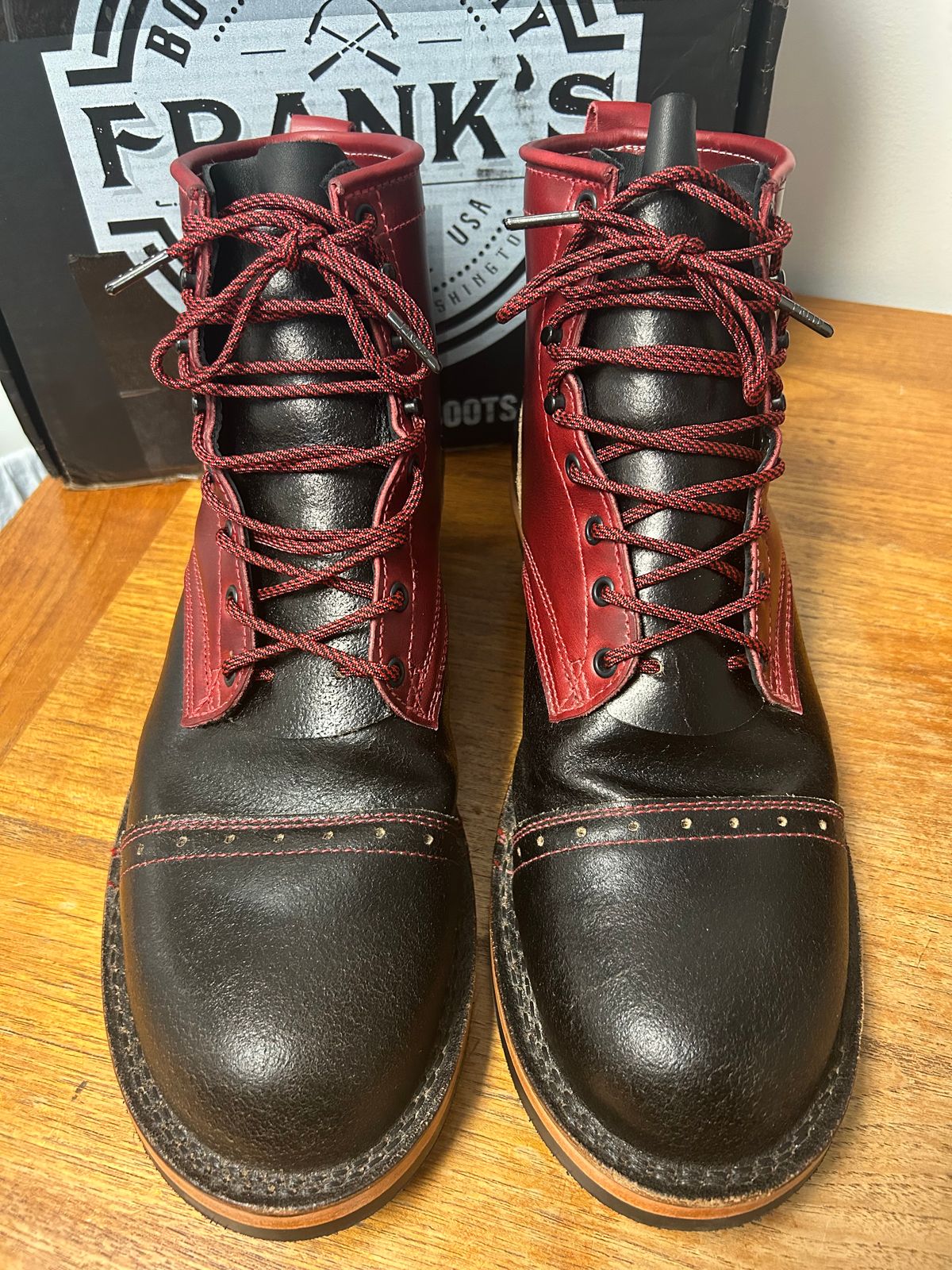Photo by Ankle333 on June 3, 2025 of the Frank's Boots Wilshire in Cavalier Lolipop & Horween Black Waxed Flesh.