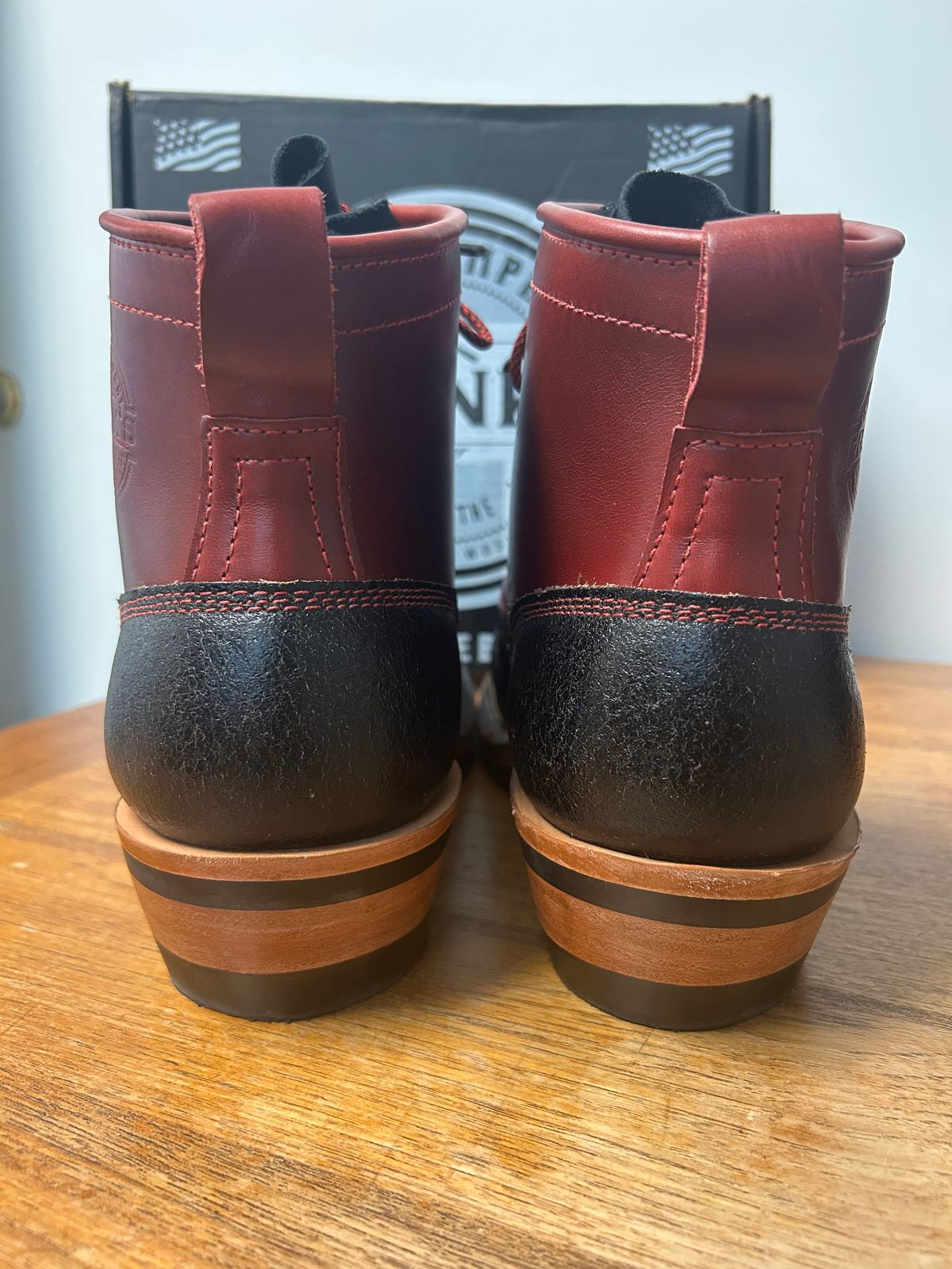 Photo by Ankle333 on June 3, 2025 of the Frank's Boots Wilshire in Cavalier Lolipop & Horween Black Waxed Flesh.