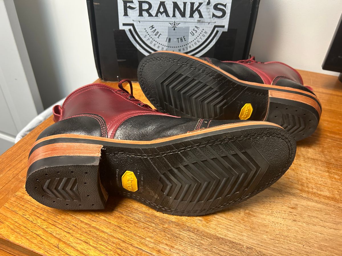 Photo by Ankle333 on June 3, 2025 of the Frank's Boots Wilshire in Cavalier Lolipop & Horween Black Waxed Flesh.