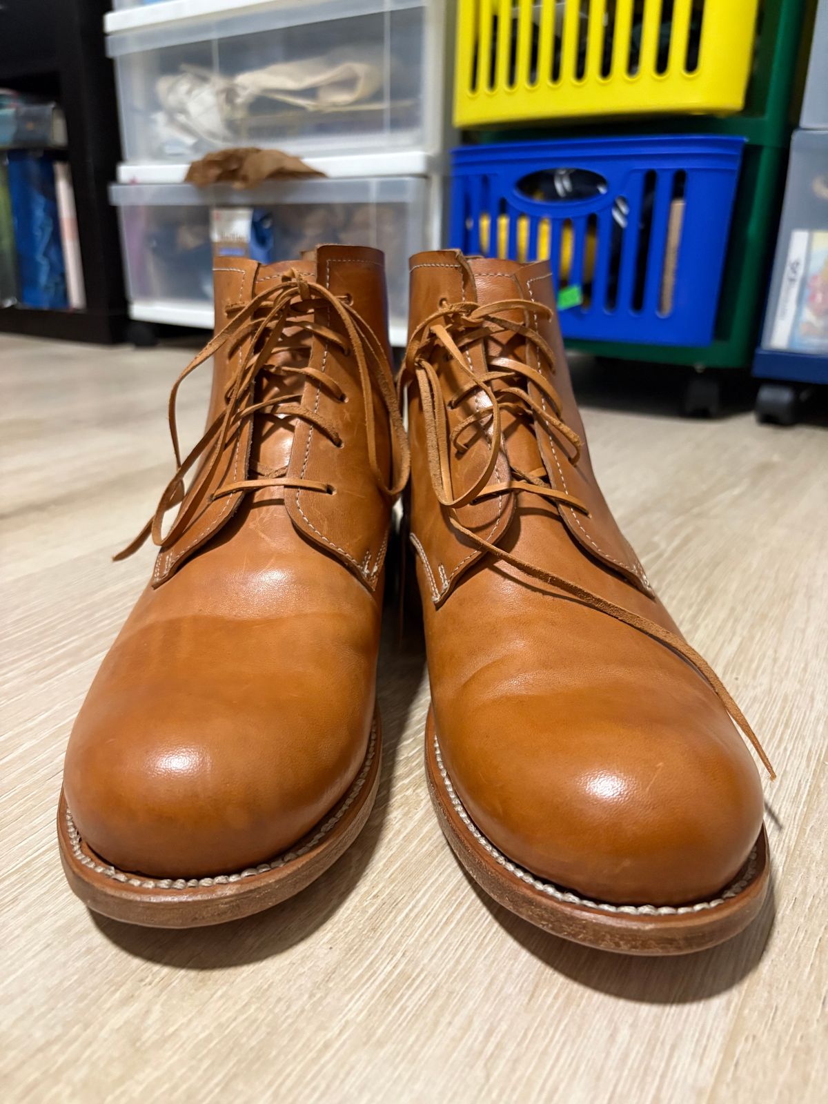 Photo by lorange on October 6, 2025 of the Dimissianos & Miller three-piece ankle boot in rocado horse culatta reverse.