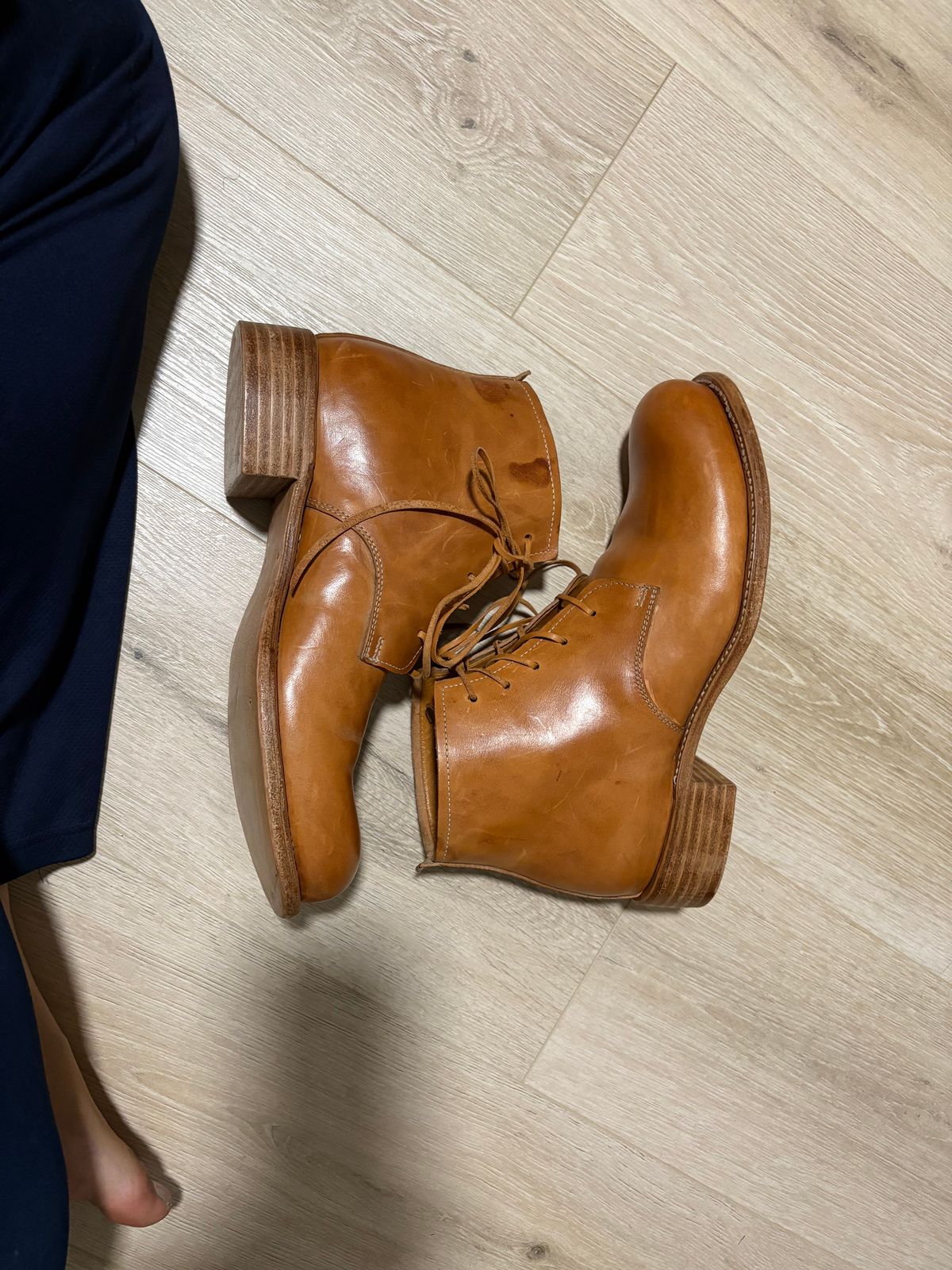 Photo by lorange on October 6, 2025 of the Dimissianos & Miller three-piece ankle boot in rocado horse culatta reverse.