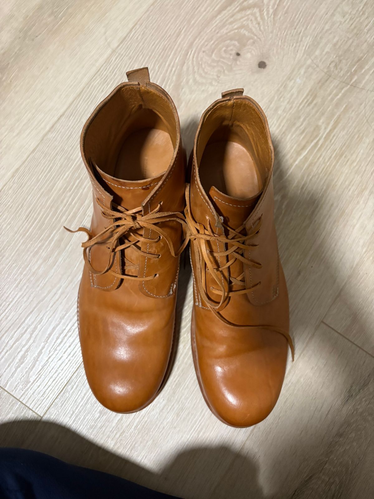 Photo by lorange on October 6, 2025 of the Dimissianos & Miller three-piece ankle boot in rocado horse culatta reverse.