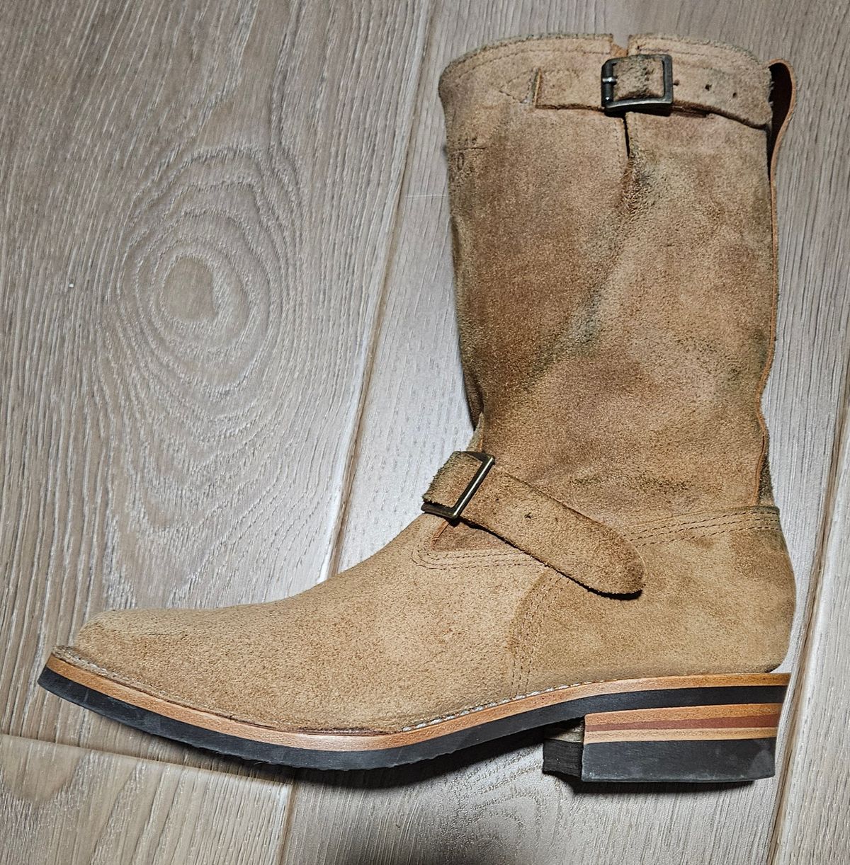 Photo by Adam_C on May 21, 2025 of the Wesco x Ship John Derroll Boot in Seidel British Tan Domain Roughout.