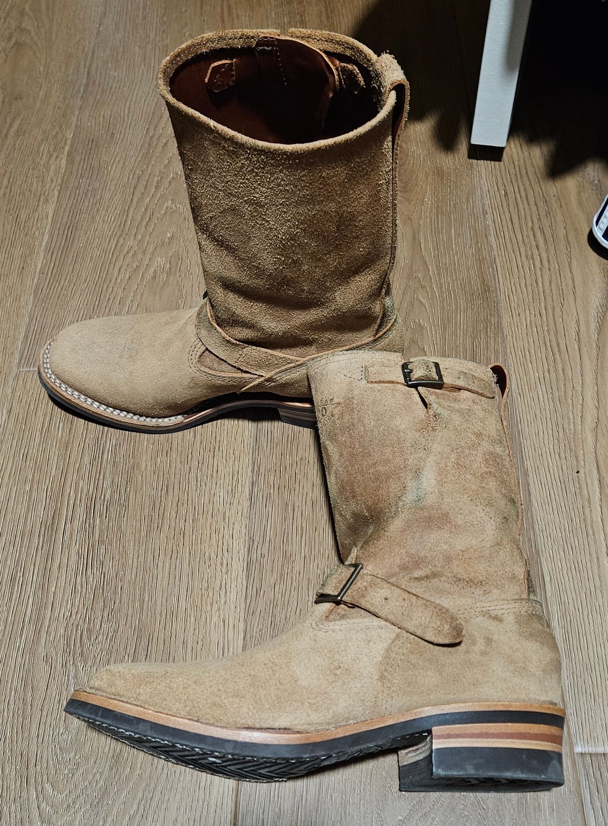 Photo by Adam_C on May 21, 2025 of the Wesco x Ship John Derroll Boot in Seidel British Tan Domain Roughout.