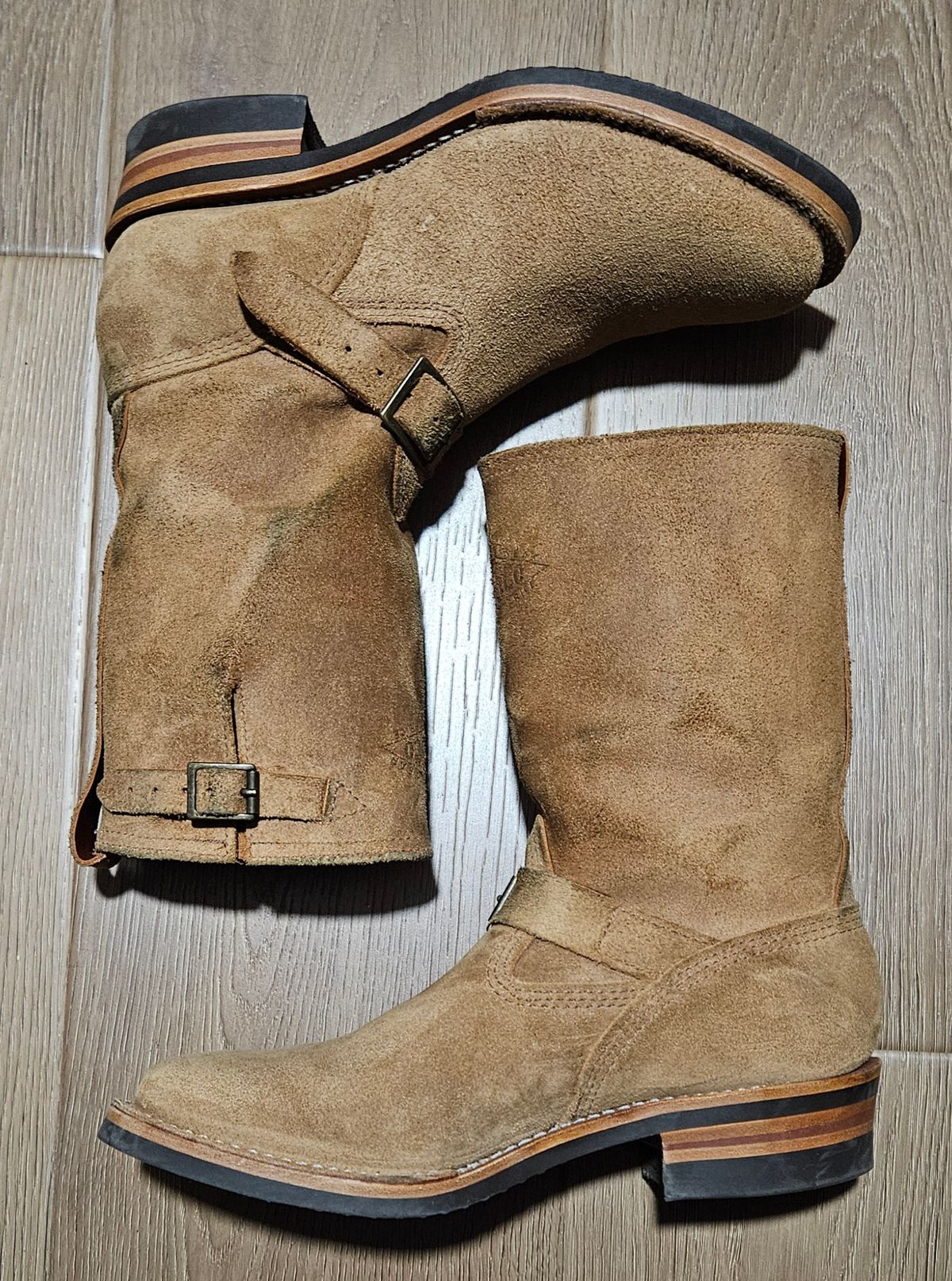 Photo by Adam_C on May 21, 2025 of the Wesco x Ship John Derroll Boot in Seidel British Tan Domain Roughout.