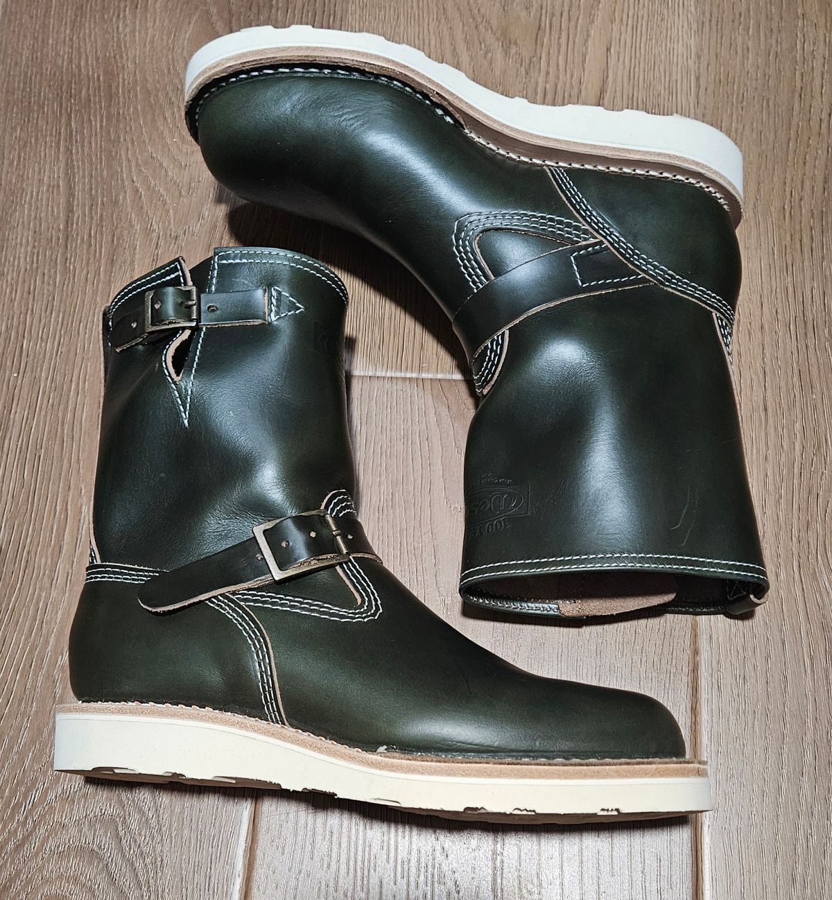 Photo by Adam_C on June 18, 2025 of the Wesco The Shop Short Stack Olive Boss Engineer Boot in Forest Chromexcel.