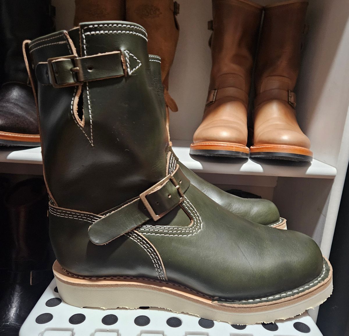 Photo by Adam_C on June 18, 2025 of the Wesco The Shop Short Stack Olive Boss Engineer Boot in Forest Chromexcel.