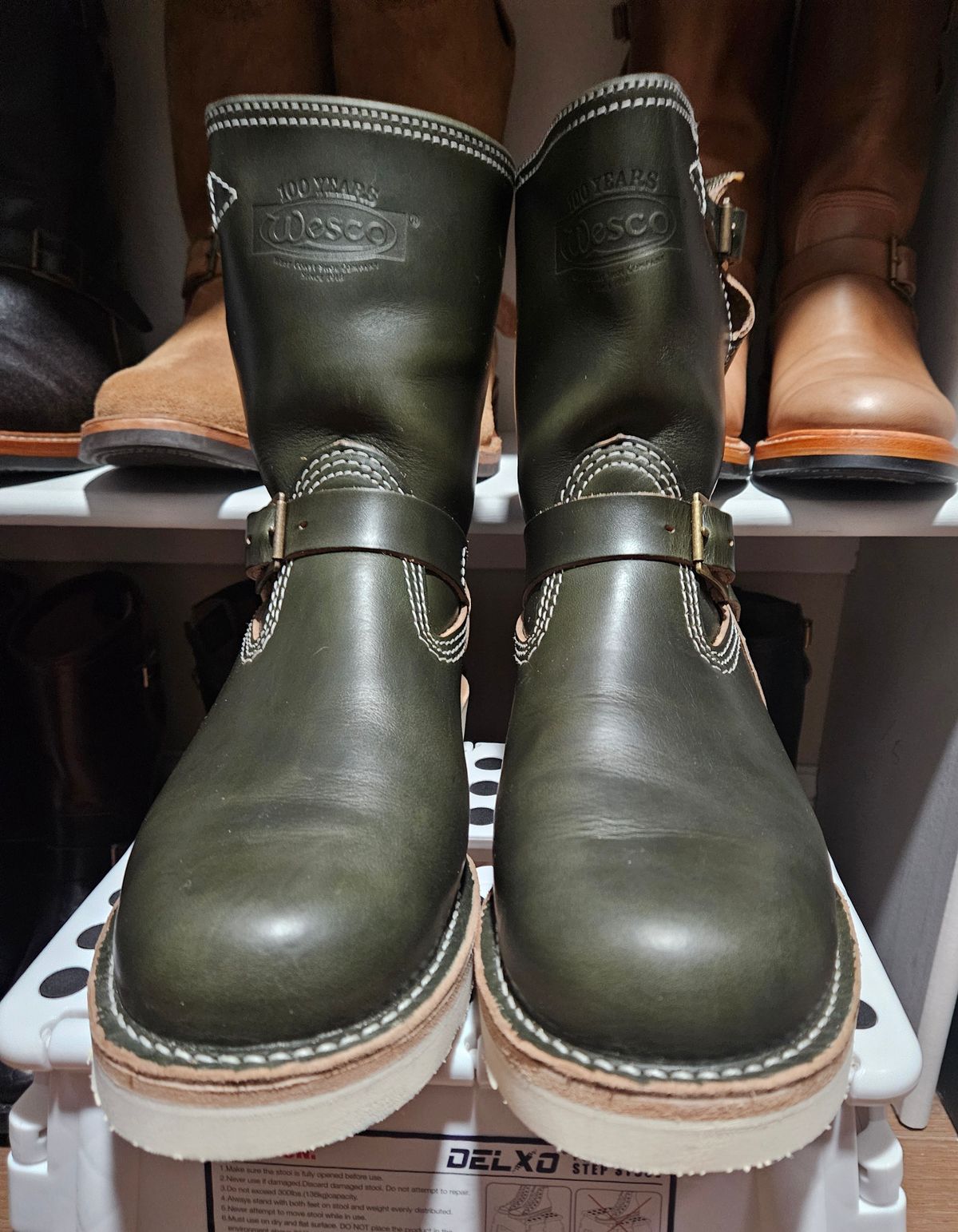 Photo by Adam_C on June 18, 2025 of the Wesco The Shop Short Stack Olive Boss Engineer Boot in Forest Chromexcel.