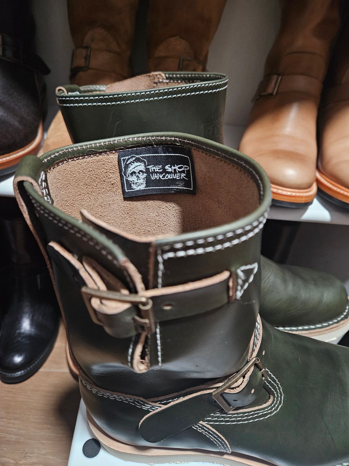 Photo by Adam_C on June 18, 2025 of the Wesco The Shop Short Stack Olive Boss Engineer Boot in Forest Chromexcel.