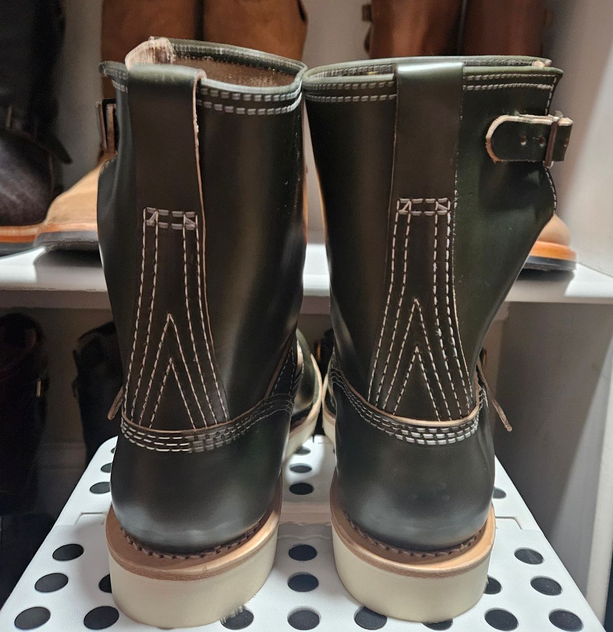 Photo by Adam_C on June 18, 2025 of the Wesco The Shop Short Stack Olive Boss Engineer Boot in Forest Chromexcel.