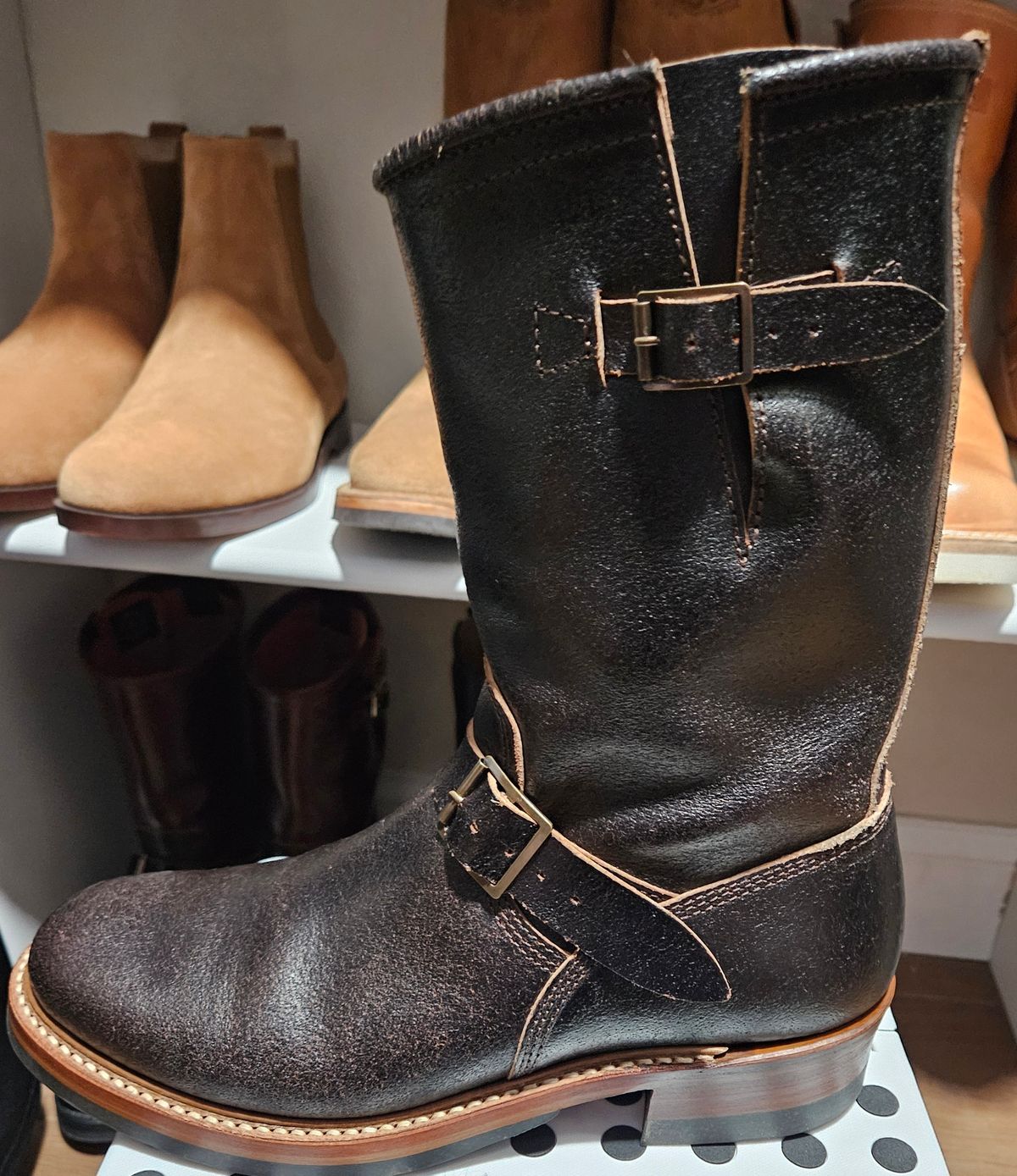 Photo by Adam_C on May 21, 2025 of the John Lofgren Wabash Engineer Boots in Horween Dark Brown Waxed Flesh.
