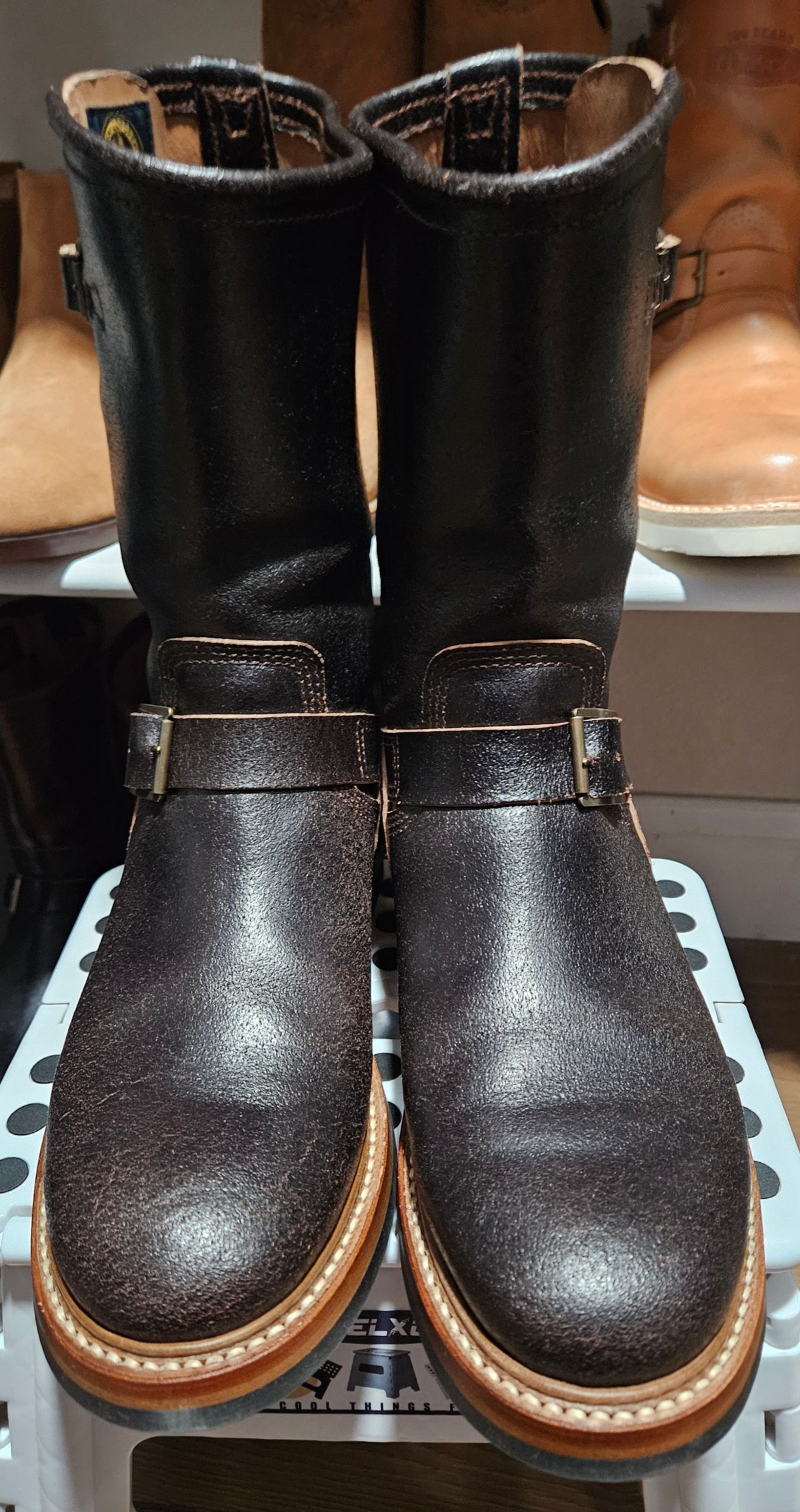 Photo by Adam_C on May 21, 2025 of the John Lofgren Wabash Engineer Boots in Horween Dark Brown Waxed Flesh.