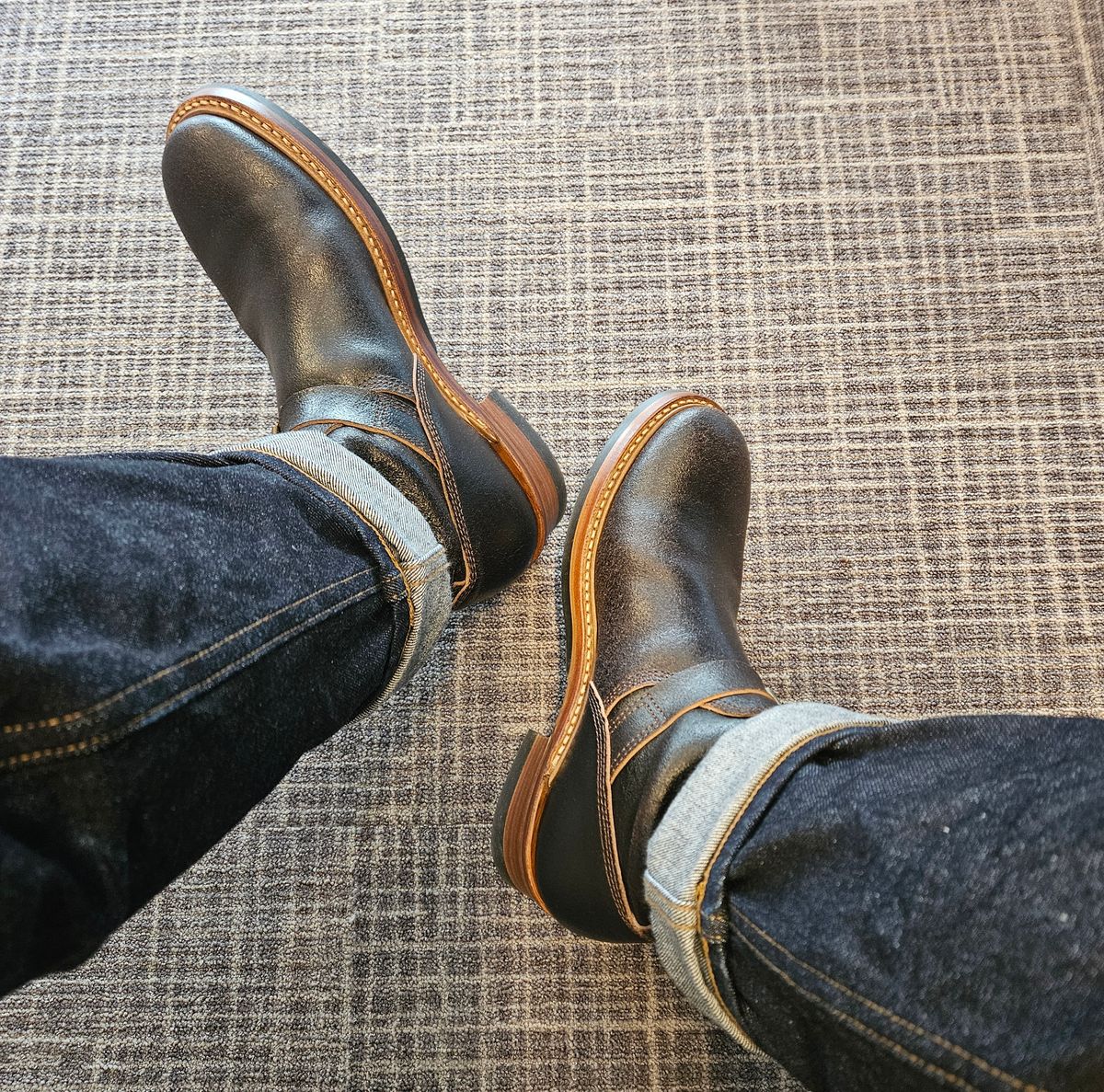 Photo by Adam_C on May 27, 2025 of the John Lofgren Wabash Engineer Boots in Horween Dark Brown Waxed Flesh.