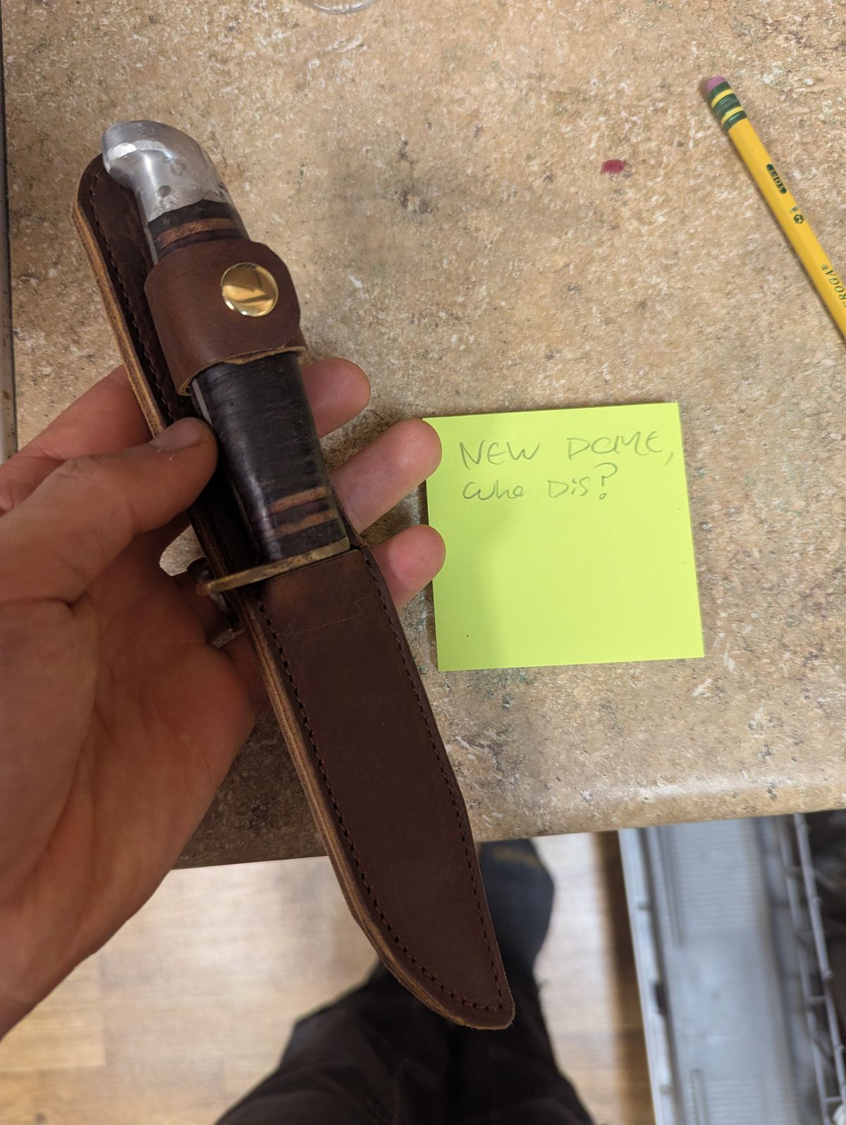 Photo by Aethelstan on October 1, 2025 of the Shadburne Creative Knife Sheath in Seidel Peanut Shrunken Bison.